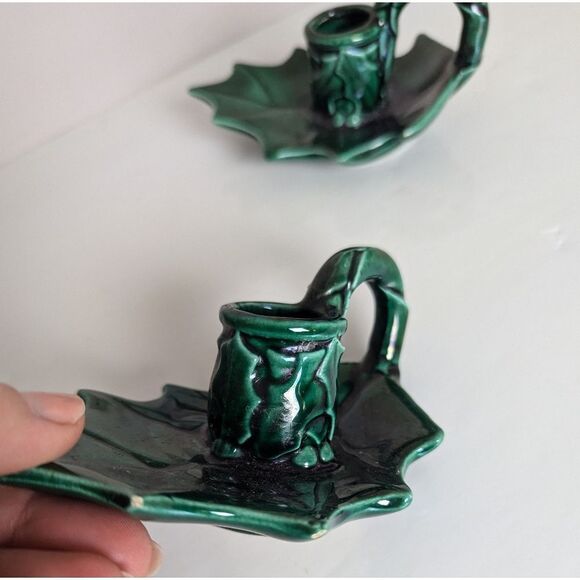 Vintage Christmas Ceramic Candle Holders – Holly Leaf Set of 2 with Finger Loops - Picture 2 of 10